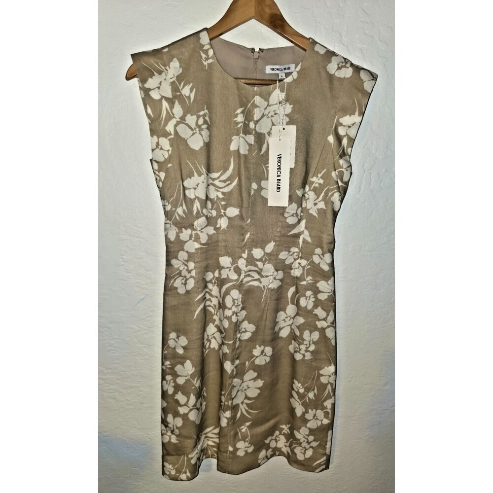 Veronica Beard Floral Linen Midi Sheath Dress Size 0 Beige Ivory NWT